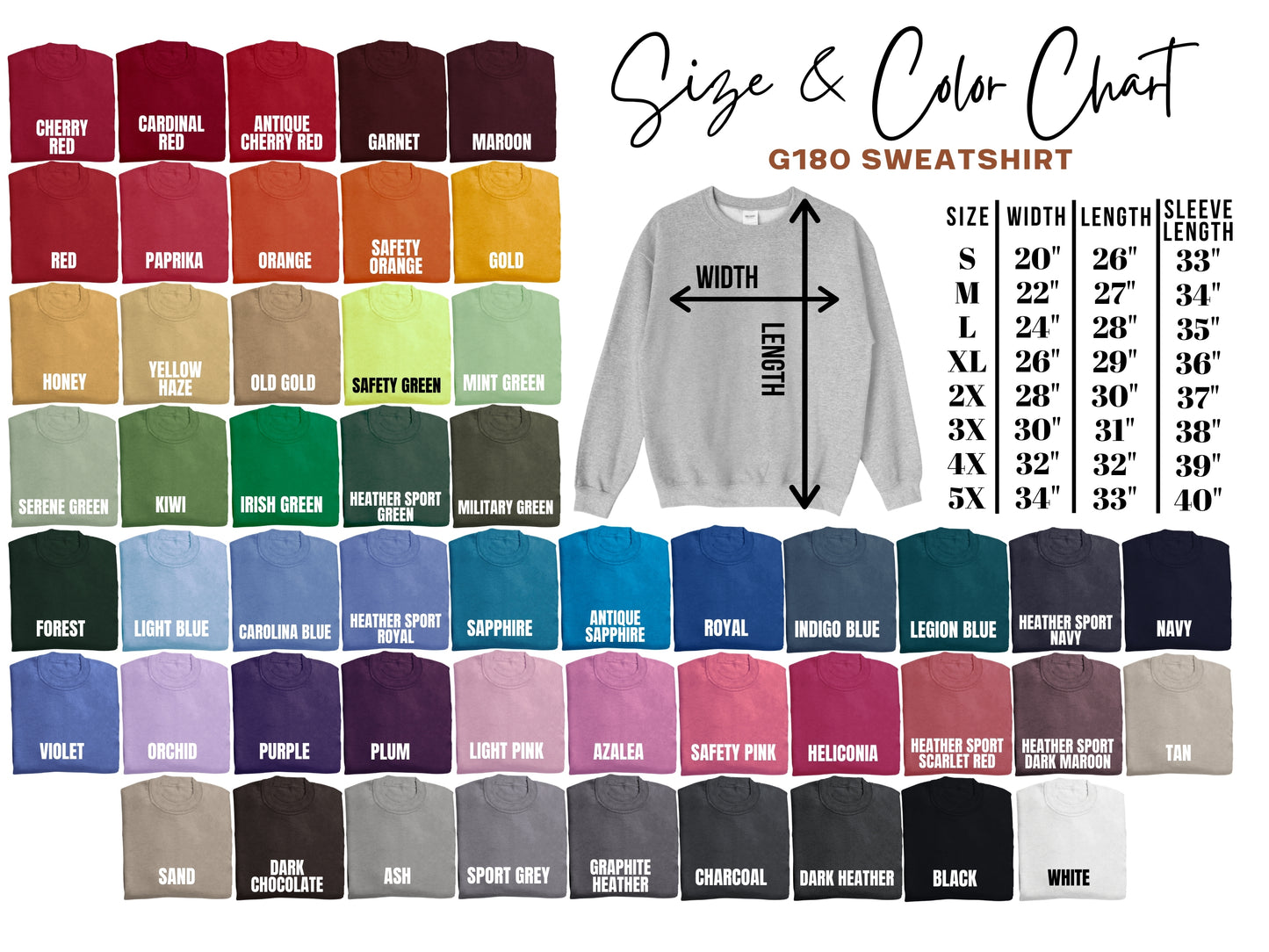 color chart/size guides